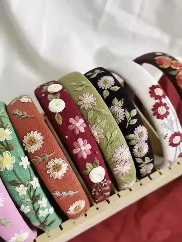 Hand Embroidered Linen Headband, Handmade Floral Hair Accessory, 1–1.2 Inch Wide