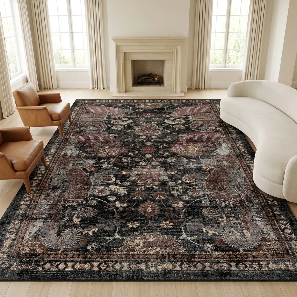 RUGIXE Washable Area Rug 8x10 5x7 for Living Room, Black Persian Medallion Vintage Rug, Heavyweight Ultra Soft Faux Cashmere Low Pile Area Rug with Non Slip TPR Backing, Foldable Machine Washable Rug for Bedroom Dining Room sohochic