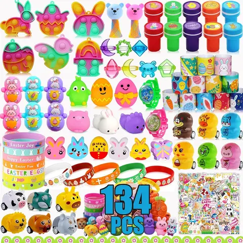 134-Piece Vibrant Easter Egg Filler Set with Squishies, Kids Basket Stuffers, Classroom Prizes, Party Favors (Kids Easter Baskets Ideas Included)