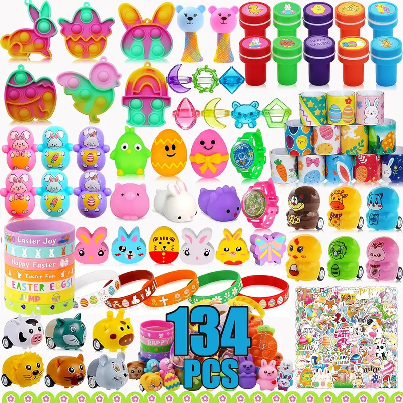 134-Piece Vibrant Easter Egg Filler Set with Squishies, Kids Basket Stuffers, Classroom Prizes, Party Favors (Kids Easter Baskets Ideas Included)