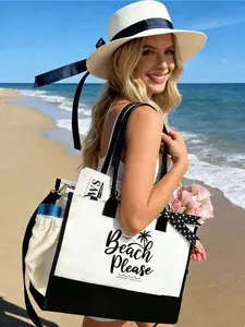 Ladies' Black And White Spliced Beach Handbag Set, Printed With "Beach Please" Beach Pattern, Starfish Pattern, Tropical Summer Design, Large Capacity Handbag, Reusable Beach Accessory Shopping Bag, Suitable For Weddings, Birthdays, Holidays