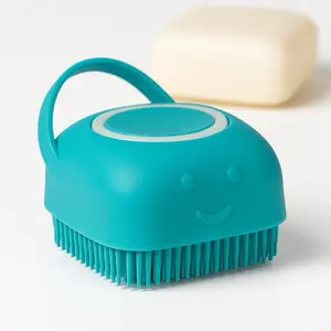 HappyScrub Silicone Bath Brush Dispenser Teal Blue with Smiley Face Design for Fun Bath Time Cleaning Shower Soap Soft Bristles Eco Friendly