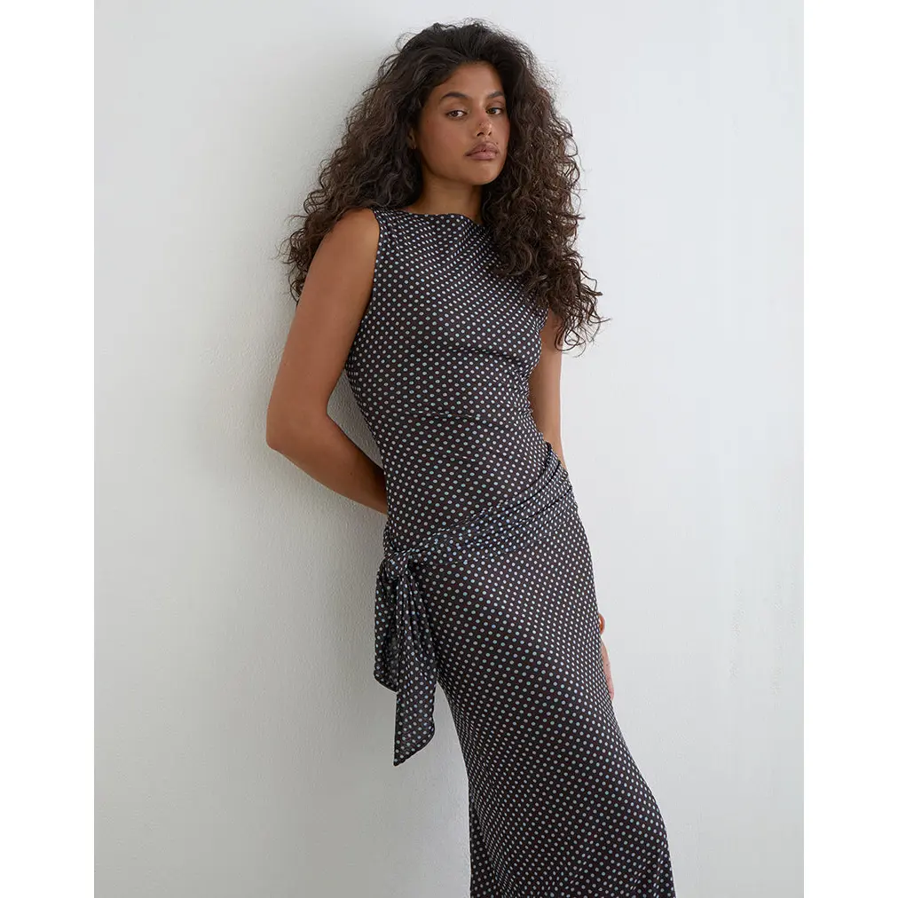 Mawa Maxi Dress in Brown with Compact Blue Polka Dots