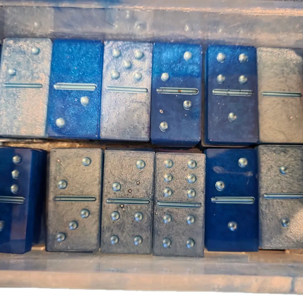 Resin Crafted Domino Set with Storage Box and Game Piece Holders - Blue and Gray Dominoes Collection