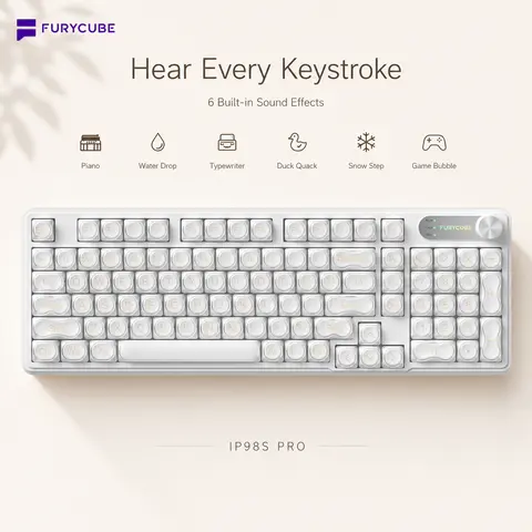 FURYCUBE IP98S Pro Music Foudation Keyboard, 6 Sound Effect, 98 keys with Media Knob Transparent Keycaps Tri-Mode BT/2.4GHz/USB-C Cute Funny Keyboard with Number Pad, RGB Backlit Work/Office/Gaming Silent Keyboard, Gift, Summerwins,backtoschool