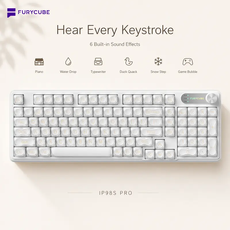 FURYCUBE IP98S Pro Music Foudation Keyboard, 6 Sound Effect, 98 keys with Media Knob Transparent Keycaps Tri-Mode BT/2.4GHz/USB-C Cute Funny Keyboard with Number Pad, RGB Backlit Work/Office/Gaming Silent Keyboard, Gift, Summerwins,backtoschool