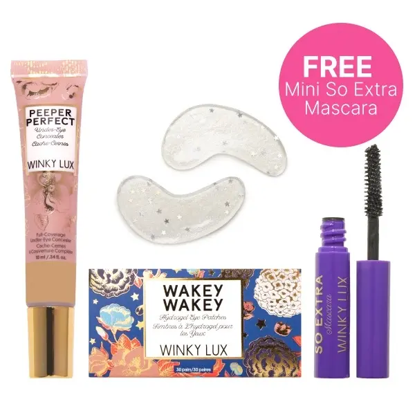 Winky Lux Abby's Perfect Eye Bundle | Peeper Perfect Under-Eye Concealer 10 ml / 0.33 fl oz, Wakey Wakey Hydrogel Eye Patches & Mini So Extra Mascara | Conceal, Depuff & Brighten