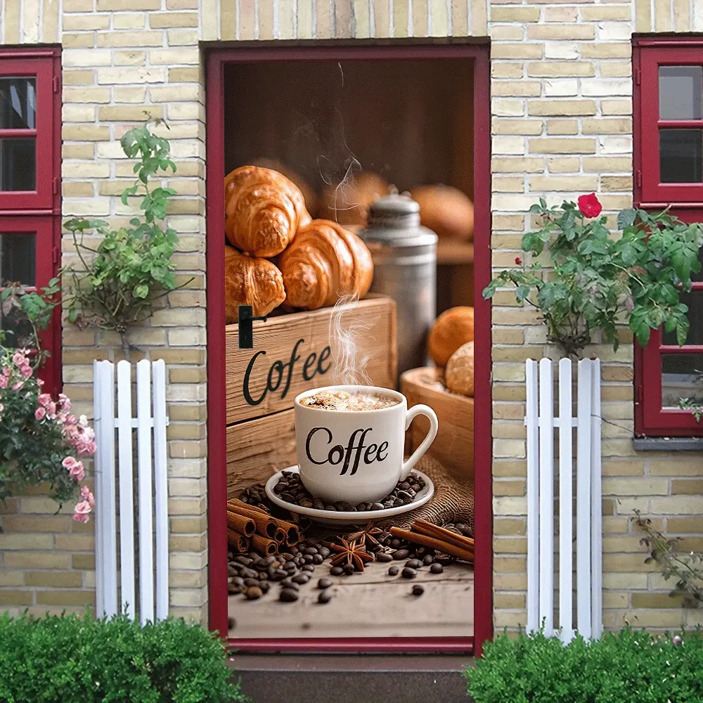 2pcs Coffee Theme Wall Stickers Kitchen Dining Room Bakery Decorative Stickers Self Adhesive Waterproof Removable Coffee Cup Bread Coffee Bean Pattern Wall Decals Home Cafe Wall Art Decor Stickers