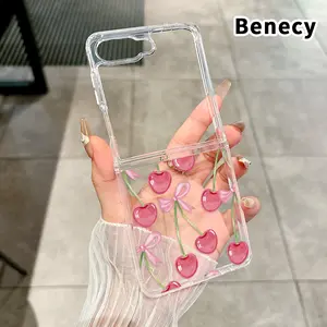 Cherry Bows Pattern Transparent Phone Case for Z Flip 7/6/5/4, Folding Design with Central Axis Protection and Full Lens Coverage