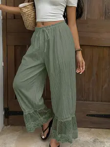 Matcha Green Wide Leg Pants High Waist Drawstring Loose Fit Crinkle Chiffon Lace Trim Ruffle Hem Boho Casual Streetwear Summer Vacation Beach Flowy Trousers Chic Lounge Women Pants