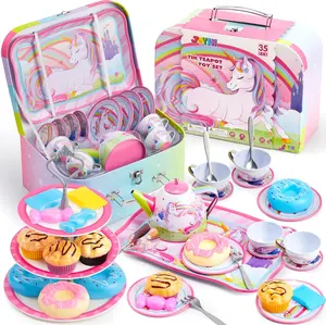 35Pcs Unicorn Tea Party Set for Little Girls, Pretend Tin Teapot Set, Princess Tea Time Play Kitchen Toy with Dessert, Doughnut, Carrying Case for Birthday Easter Gifts Kids Toddlers Age 3 4 5 6 Kids Outdoor Play