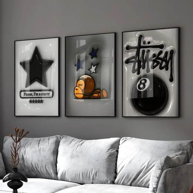Hyebeast Set Of 3 Room Decor, Hypebast kaws Poster, Cool Wall Art Set, 3D Wall Art, HypeBeast Wall Art, Trendy Wall Art