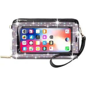 Bling Rhinestone RFID Blocking Touch Screen Phone Bag Womens Wallet Wristlet Clutch Large Capacity Card Phone Holder