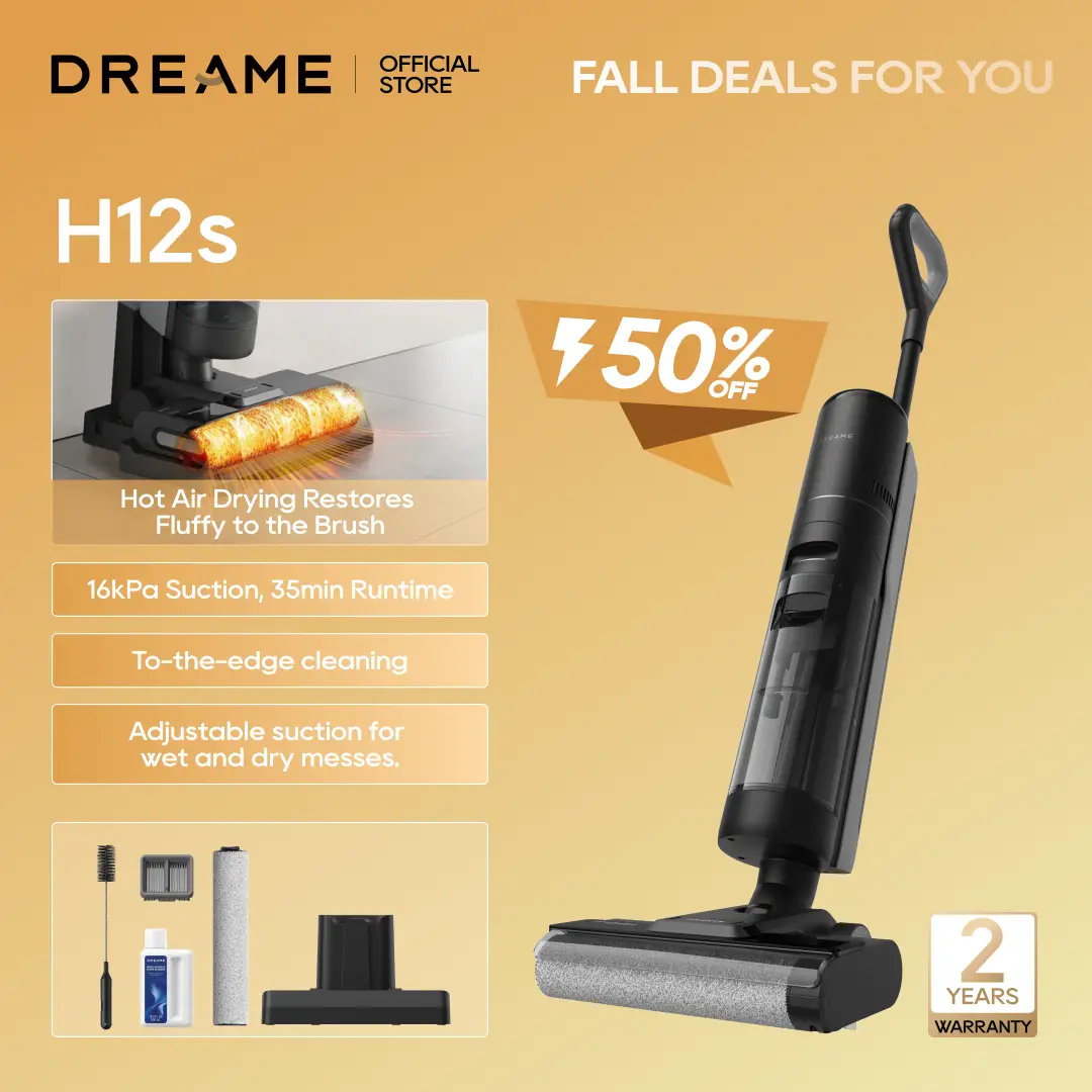 DREAME H12s Vacuum Mop, Cordless Wet and Dry Vacuum, Cordless Vacuum Mop All in One for Hard Floors, Edge Cleaning with Dirt Detection, Hot Air Drying