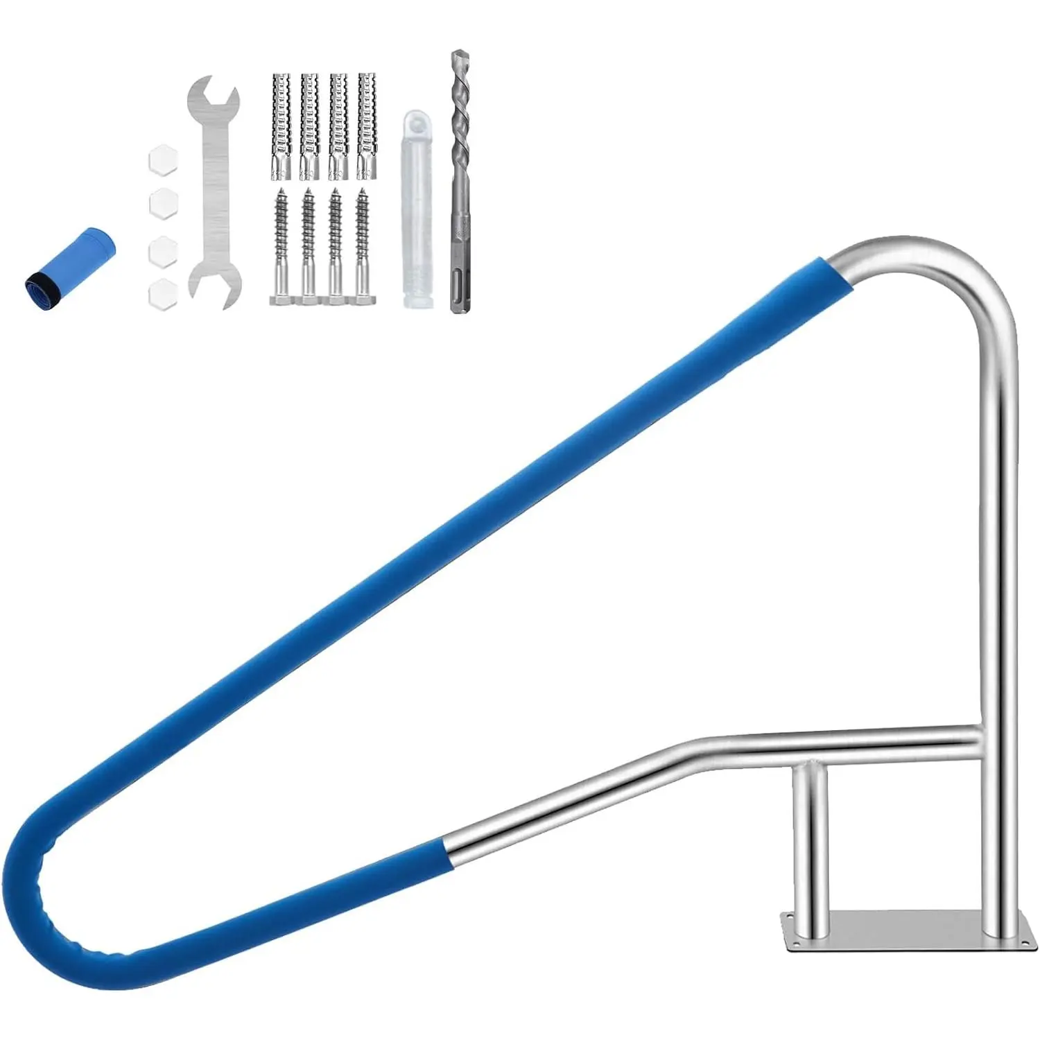 Safety Pool Handrail - Stainless Steel Bathtub Accessory with Non-Slip Blue Grip, 375 lbs Capacity, Fast-Install Base Plate, Bathroom Stair Rail for Inground Swimming Pools