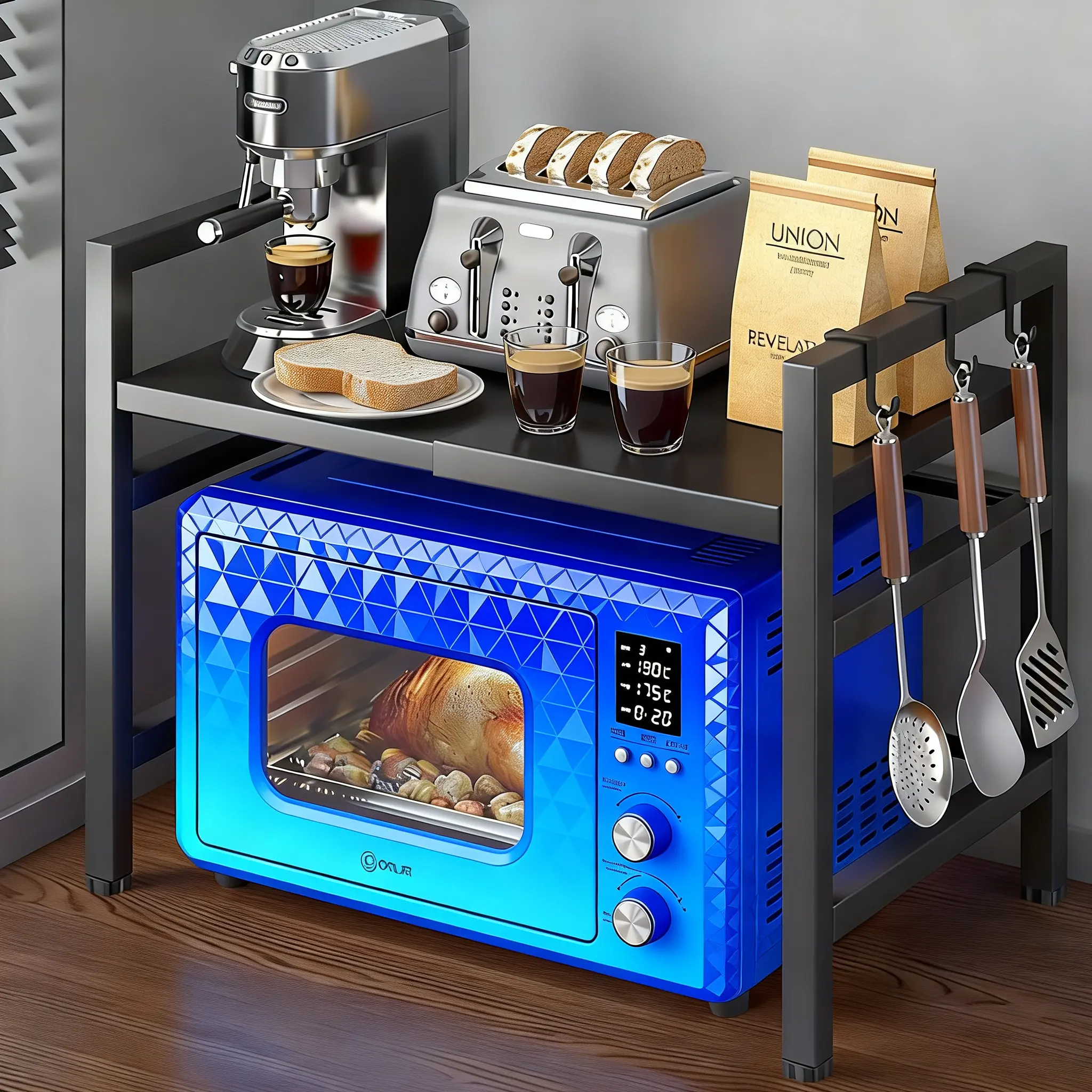Heavy Duty 2-Tier Microwave Rack - Expandable, Adjustable Organizer Stand with Hooks, Dual-Shelf/Layered/Multi-Tier Shelving & Storage, Space Saving Countertop Solution for Small Kitchen Appliances, Dual-Shelf Shelving & Storage