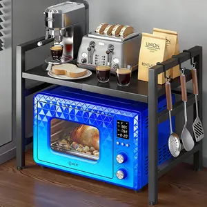 Heavy Duty 2-Tier Microwave Rack, Expandable & Adjustable Microwave Stand with Hooks, Space Saving Countertop Organizer for Kitchen Oven Appliancesowave Rack for Small Kitchen Storage