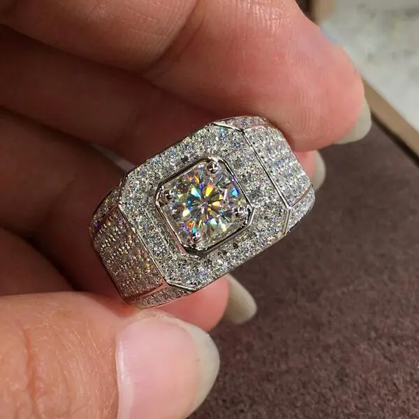 Luxury luxury D color synthetic Moissanite group inlaid atmospheric domineering ring for men and women thick ring wide ring surface