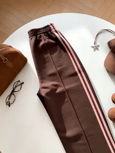 Women's wine red high-waist, elastic, loose straight-leg casual Activewear athletic sports pants, suitable for summer, suitable for daily street wear, home wear