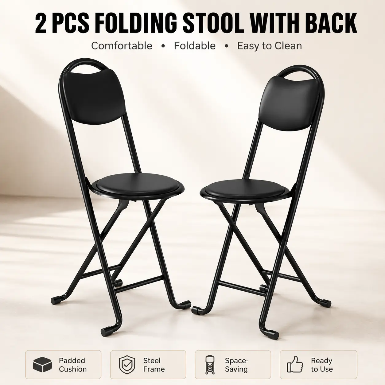 2pcs Folding Stool with Back, Cushioned Padded Folding Stool, Portable Folding Chairs for Outdoor Indoor Kitchen Shop Cafe