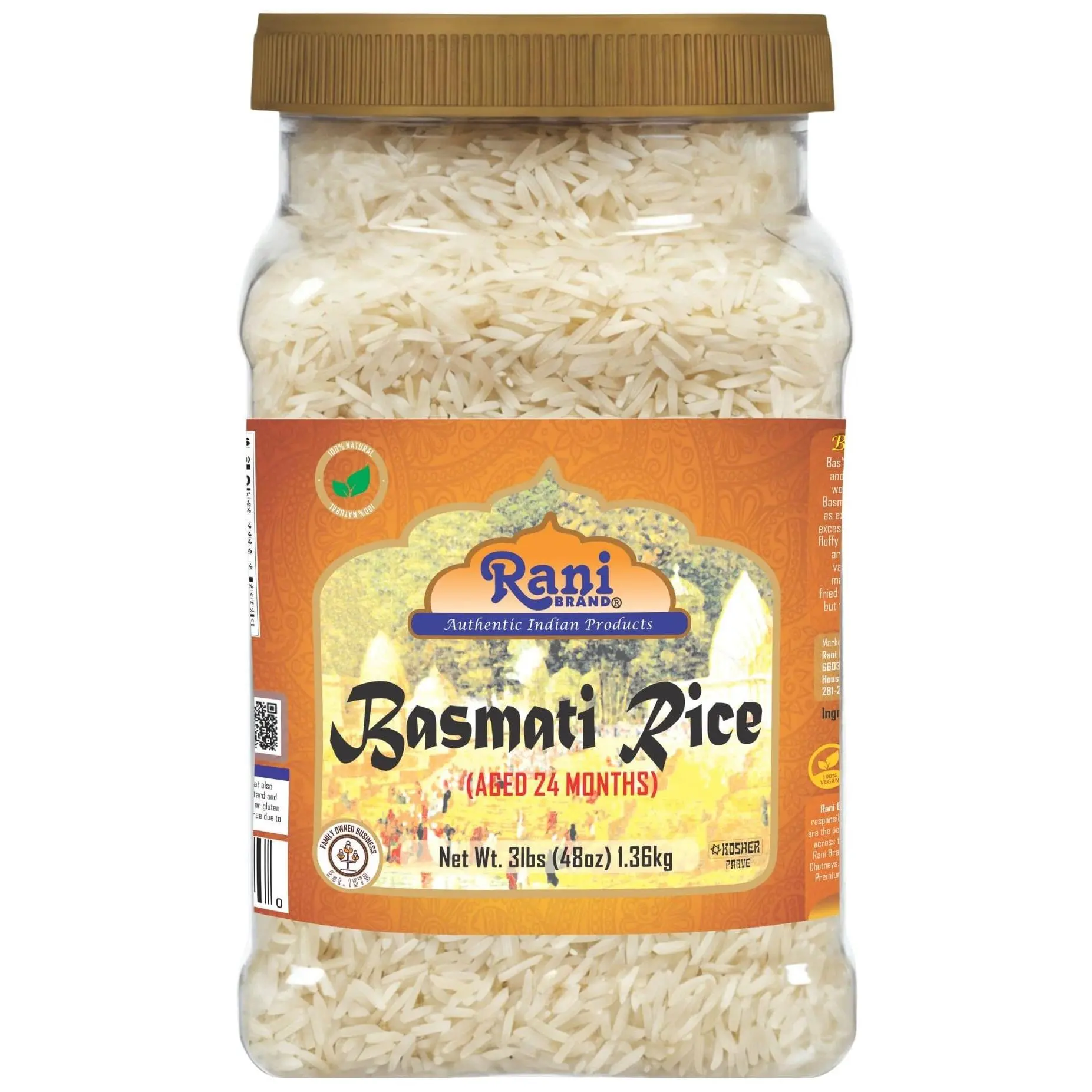 Rani Platinum White Basmati Rice Extra Long Aged, 48oz (3lbs) 1.36kg PET Jar ~ All Natural | Vegan | Kosher | Gluten Friendly | Indian Origin