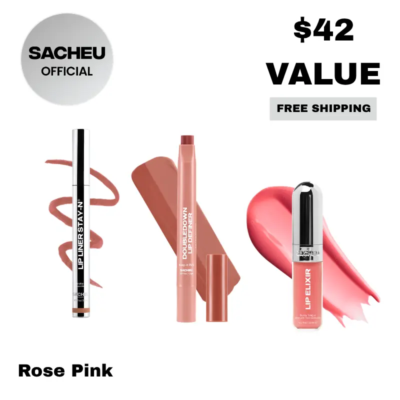 Plush Lips Trio - Featuring Sacheu Lip Liner STAY-N + DoubleDown Lip Definer + Lip Elixir | Long-Lasting Hydrating Lip Combo - LIVE Exclusive