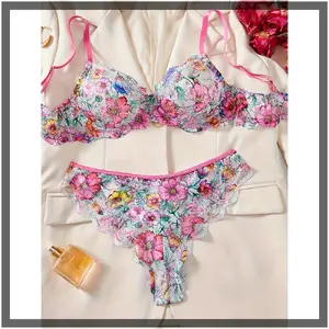 Sexy Lingerie Mesh Print Sweet Bra and Panties Set with Steel Wire Push-Up Two-Piece Ditsy Floral Knit Women'swear Rose Red KD 5346199