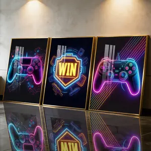 3Pcs Aluminum Alloy Framed Painting, Neon Game Controller Win Art Picture, Home Decoration For Living Room, Bedroom, OfficeWall Decor, Odorless Print Artwork, Luxury Perfect Gift For Friends And Family