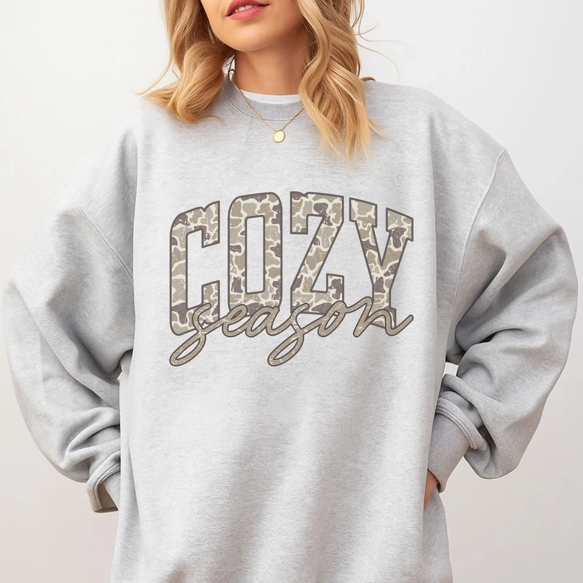 Cozy Season Camo Print Sweatshirt - Ash Grey - Camo Sweatshirt