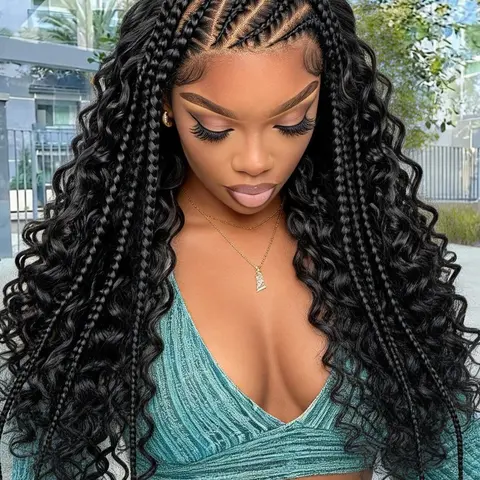 Premium 13x6 Lace Braided Wig, Long Deep Wave Curls with Intricate Braids, Ready to Wear for All Occasions, Stylish Synthetic Curly Boho Lace Braided Hairpiece Wig, Braided Hair Wigs