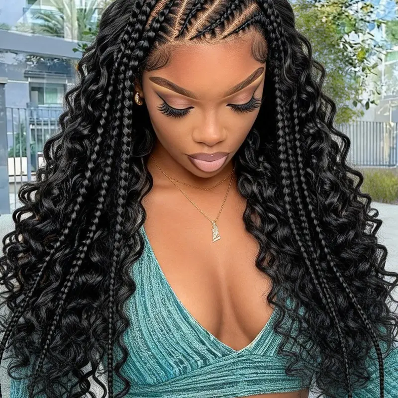 Premium 13x6 Lace Braided Wig, Long Deep Wave Curls with Intricate Braids, Ready to Wear for All Occasions, Stylish Synthetic Curly Boho Lace Braided Hairpiece Wig, Braided Hair Wigs