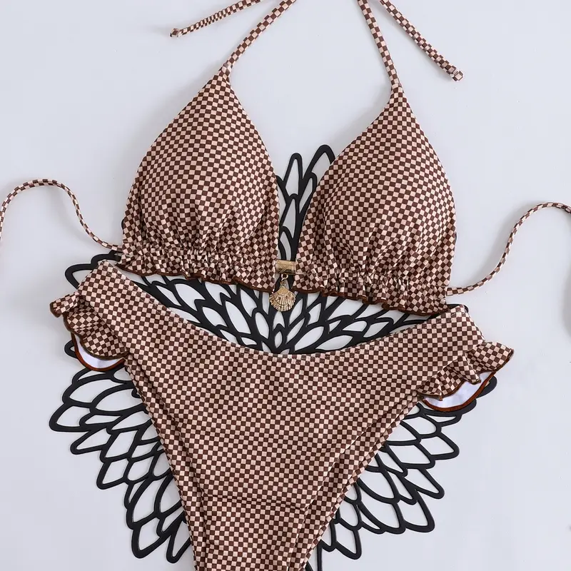 American Vintage Style Chessboard Bikini Top, High-Waisted Swimsuit with Tie Neck Design, High Rise Swimwear, Sexy Backless Swimwear for Women, Summer Swimsuit, Fashionable Swimsuit