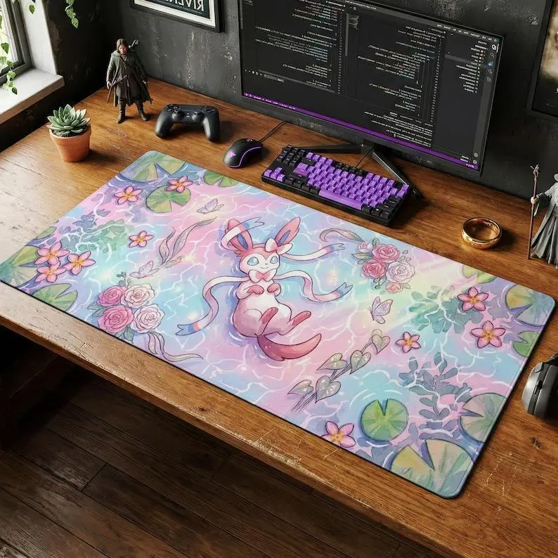 Sylveon Pastel Desk Mat, Watercolor Mouse Pad, Dreamy Fairy Type Keyboard Pad, Cute Kawaii Gaming Desk Setup