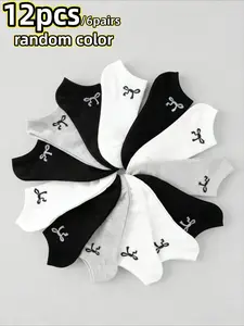 12pcs/Piece (12pcs Each) Women's & Unisex Bow Short Socks Set - Casual Breathable Spring Summer Invisible Compression Socks Suitable for, Wide Calf Fit, Loose Ankle, Classic Solid Colors