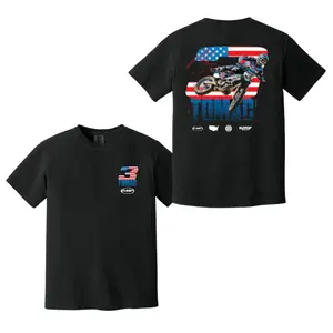 (Comfort Colors) Eli Tomac FMF Racing T-Shirt – Motocross USA Flag Graphic Shirt Double-Sided Dirt Bike Fan, Men Shirts.