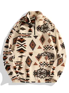 Women's Faux Lamb Fur Sweater, Tribal Ethnic Print Quarter Zip Sporty Pullover, Casual Vintage Style for Office Ladies or Student Campus Wear