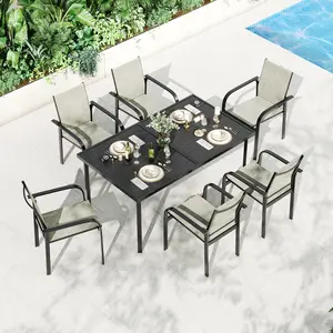 7 Piece Patio Dining, Outdoor Furniture Set of 6 With 55" Rectangle Patio Table, 6 Textilene Dining Chairs with Iron Armrests for Lawn, Porch, Balcony, Poolside, Black/Black+Beige(2 Boxes)