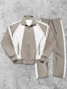 Men's Casual Sportswear Set, Athleisure Wear Set, Long Sleeve Jacket Pants Set, Patchwork Design, Comfortable and Stylish, Perfect for Daily Wear, Athleisure Tracksuit Sets, Casual Sportswear Outfit