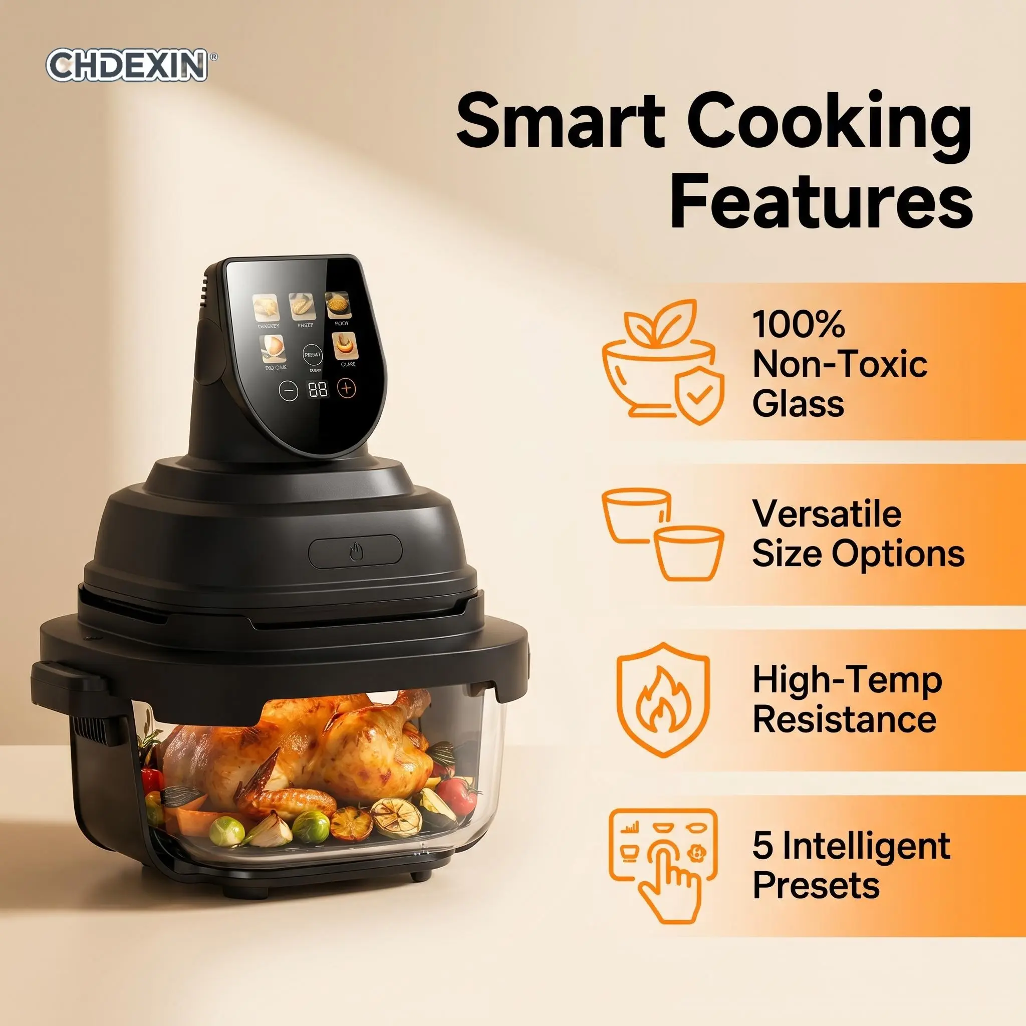 CHDEXIN| Healthy Oil-Free Glass Fryer| 5-in-1 All-in-One,  90% Fat Reduction, 1500W Quick Heat, Glass Pot Dishwasher Safe, Swap Between Family & Personal Size