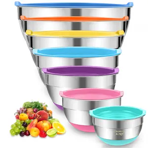 7 Piece Stainless Steel Mixing Bowls Set Modern Food Containers with Colorful Silicone Airtight Lids for Cooking Kitchen Tableware