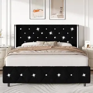 Twin/ Full/ Queen    Diamond Headboard And Footboard, Upholstered Platform    Wingback Headboard, Velvet Modern  , Wood Slat Support, Easy Assembly, Black/Pink/White, Twin/ Full/ Queen/ King with Bed frame Size Double Floor Door