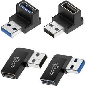 90 Degree USB 3.0 Male to Female Adapter, (4 Pack) Up and Down & Left and Right Angle USB A Extender Connector for PC, Laptop, Hard Drive, Keyboard, USB A Charger, Power Bank