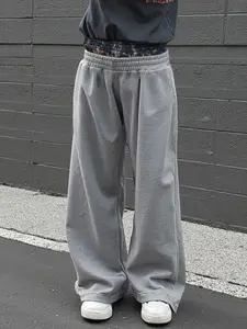 Mens Soft Elastic Double Waist Patchwork Sweatpants, Loose Wide Leg Baggy Track Pants, Menswear Vintage Streetwear Vibe Bottoms