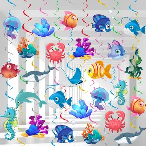 Sea Animals Hanging Swirl Decorations, 32 Pcs Under Sea Hanging Swirls Decoration, Ocean Ceiling Hanging Swirls, Undersea Spiral Decoration, for Ocean Theme Party, Under the Sea Party Decorations