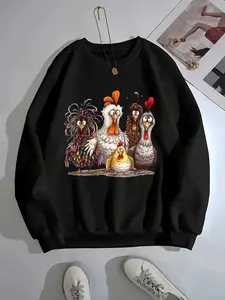 Women's chicken print round neck pullover with colorful chicken design - soft and casual, suitable for autumn wear, featuring playful chicken and egg prints