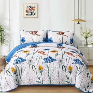 Blue Quilt Set  Size,Cute Floral Botanical Bedspread  Set with 2 Pillowcase,Spring Summer Lightweight Farmhouse Coverlet Set for  Season (96"x90")