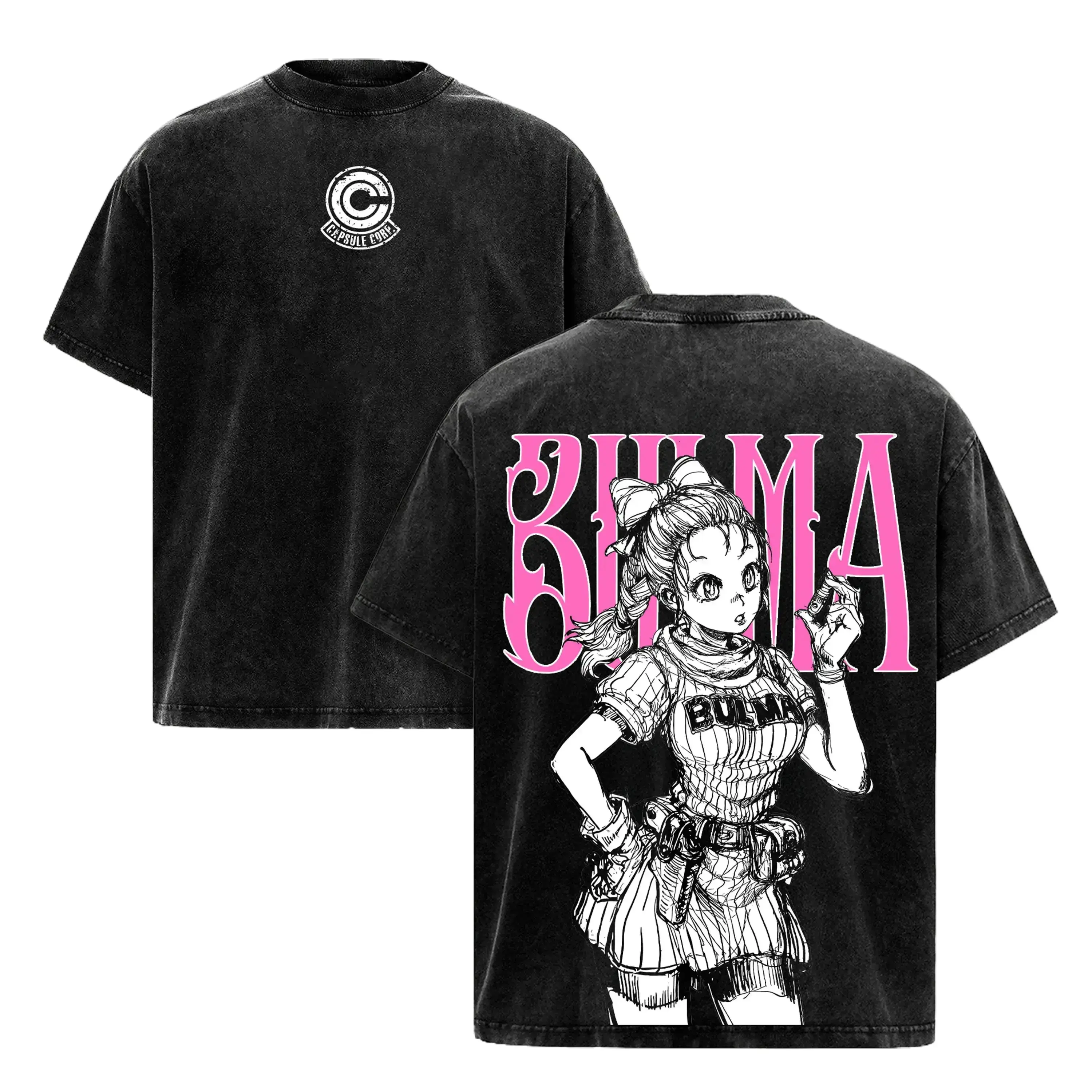 Vintage Washed Oversized Anime Graphic T-Shirt Heavy Cotton Japanese Manga Tee for Men & Women Streetwear Aesthetic Bulma Y2K Clothing Retro Anime Lover Merch Gym Pump Cover Acid Wash Top Casual Harajuku Street Style Top Trendy Anime Apparel Menswear Clas
