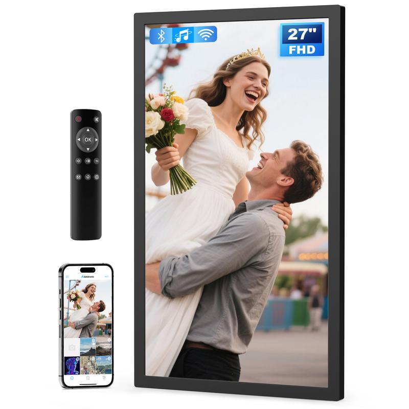 Arktronic Large Digital Picture Frame 27 inch 1920x1080 FHD IPS WiFi with Remote 64GB Storage Auto-Rotate Share via Apps Email USB Micro SD Black