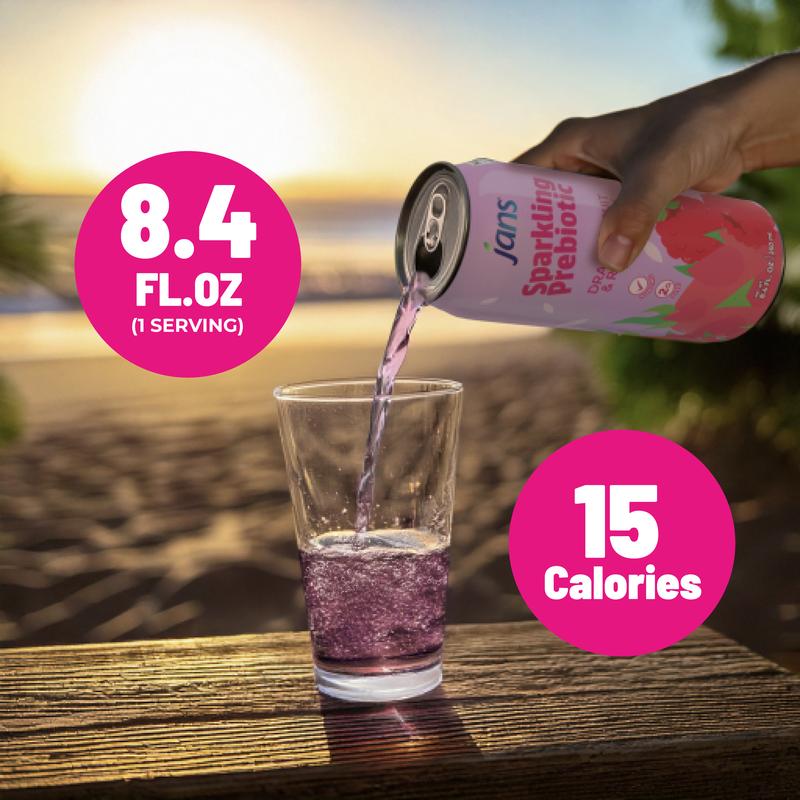 Jans Sparkling Prebiotic Soda Beverage – Low Calorie, No Added Sugar – Non-GMO Sparkling Fruit Beverage – Gut Health Support – Naturally Refreshing Canned 8.4Fl Oz