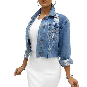 Women's Cropped Denim Jacket Distressed Button-Down Jean Jacket  Long Sleeve Ripped Raw Frayed Blue Coat With Button Down Pocket